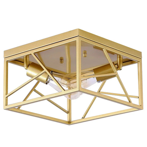 Two Light Modern Gold Flush Mount Ceiling Fixture With Metal Square Design Semi Flush Mount Lighting