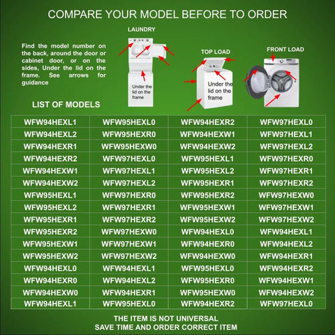 List of washer models compatible with Drain Pump Motor Replacement WPW10241025 Compatible With PS11750897 AP6017598 EAP11750897