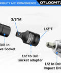 Diagram of 3/8 in drive socket, 1/2 to 3/8 socket adapter, and 1/2 in drive impact driver from 11 Piece Impact Socket Adapter And Swivel Socket Set In Chrome Moly Steel, Tough As Nails Build, Full Size One Quarter To One Inch Adapters, Spring Ball Detent, Drop Proof Eco Case, Built For Impact Drivers And DIY Mechanics