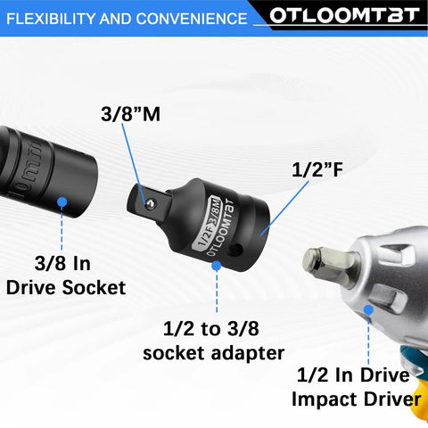 Diagram of 3/8 in drive socket, 1/2 to 3/8 socket adapter, and 1/2 in drive impact driver from 11 Piece Impact Socket Adapter And Swivel Socket Set In Chrome Moly Steel, Tough As Nails Build, Full Size One Quarter To One Inch Adapters, Spring Ball Detent, Drop Proof Eco Case, Built For Impact Drivers And DIY Mechanics