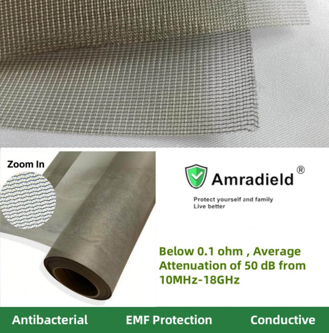 Faraday Shielding Mesh Window Fabric With Nickel Copper Conductive Grid for EM blocking, showing rolled and flat mesh sections.