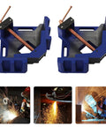 Heavy Duty 4 Inch Cast Iron Welders Angle Clamp Set 2 Pack 90 Degree Right Angle Jaws, image shows clamps with welding sparks