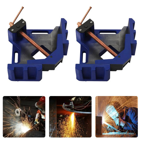 Heavy Duty 4 Inch Cast Iron Welders Angle Clamp Set 2 Pack 90 Degree Right Angle Jaws, image shows clamps with welding sparks