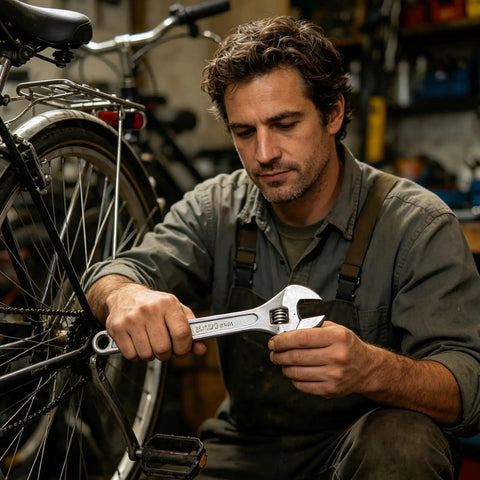 Man using Beefy Heavy Duty Adjustable Wrench Spanner With Wide Ergonomic Handle 8 Inch Extra Wide Jaw for bike maintenance