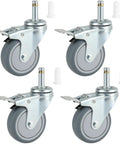 Four Super Smooth 3 Inch Swivel Caster Wheels Set Of 4 With 7/16 Inch Stem Heavy Duty Locking Casters showing rubber tread and steel frame.