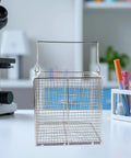 Stainless Steel Ultrasonic Cleaning Basket With Swinging Handle For Small Parts Dip And Drain Design High Temperature Resistant Parts Basket For Equipment And Precision Tools Easy Batch Handling, rectangular mesh basket