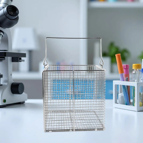 Stainless Steel Ultrasonic Cleaning Basket With Swinging Handle For Small Parts Dip And Drain Design High Temperature Resistant Parts Basket For Equipment And Precision Tools Easy Batch Handling, rectangular mesh basket