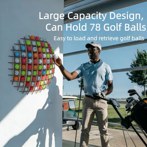 Golfer placing ball in Rad Ball Shaped Golf Ball Display Case For Collectors, Holds Up To 78 Golf Balls, Cool Wall Art