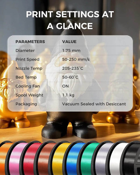 Silk PLA Filament 1.75mm Silver 1.1Kg Spool With Metal Like Shine And Smooth Silk Finish For Most FDM 3D Printers High Dimensional Accuracy Plus Minus 0.02mm Easy To Print shown with print settings.