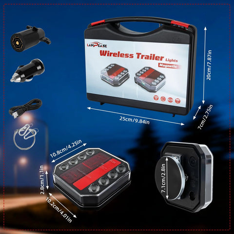 Lampease wireless trailer light kit with magnetic mount, rechargeable LED brake/turn/reverse lights; compact hard case.