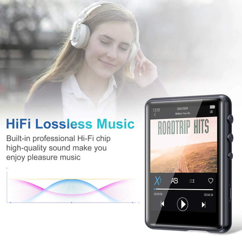 Bluetooth 5.3 MP3 Player With Dope HiFi Lossless Sound Portable Music Player next to person with headphones listening to music