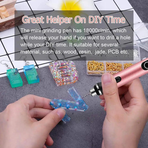 3-Speed Cordless Mini Drill Pen With 8 Small Bits For Jewelry Making And Resin Crafts, being used on resin keychains.