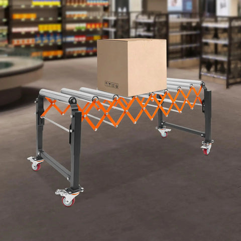 Foldable Adjustable Conveyor Roller Table for the Shop Floor Extends From 17 to 51 Inches and Adjusts Height 26.8 to 28.8 Inches Workhorse 176 LB Capacity Easy Setup for Fast Stable Goods Conveying with a cardboard box.