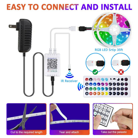 Easy setup of Smart 35Ft LED Strip Lights With App Control And Remote 5050 RGB Color Changing LED Lights, includes IR receiver.