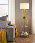 Dope Modern Floor Lamp With Faux Marble Shelves And Fabric Shade next to sofa. Sleek pole lamp with built-in storage shelves, accent lighting.