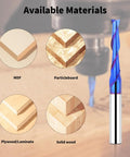 Upcut spiral router bit, 3/16 dia, 1/4 shank, solid carbide; front view, Amazon brand with wood samples.