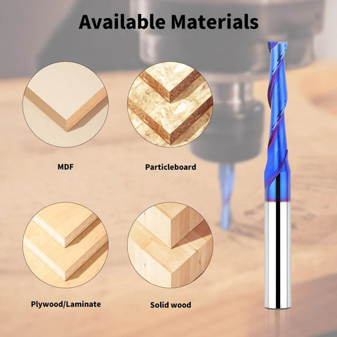 Upcut spiral router bit, 3/16 dia, 1/4 shank, solid carbide; front view, Amazon brand with wood samples.