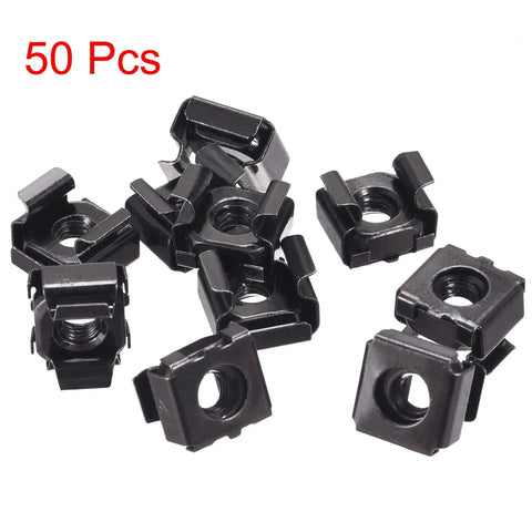M5 X 0.8mm Snap In Cage Nuts Black Zinc Crash Lock Carbon Steel Rack Mount Hardware Metric For Standard 19 Inch Server Cabinet Rail Shelf Quick Assembly Bulk Pack 50 Pce, showing a close-up of 10 cage nuts.