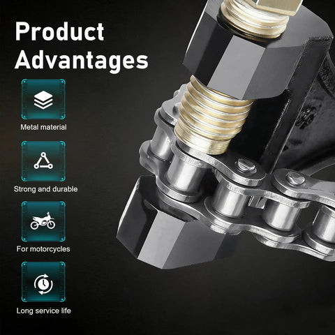 Chain Breaker Tool For 420-530 Roller Chain With Beefy Alloy Build Master Link Rivet Remover close-up on metal head