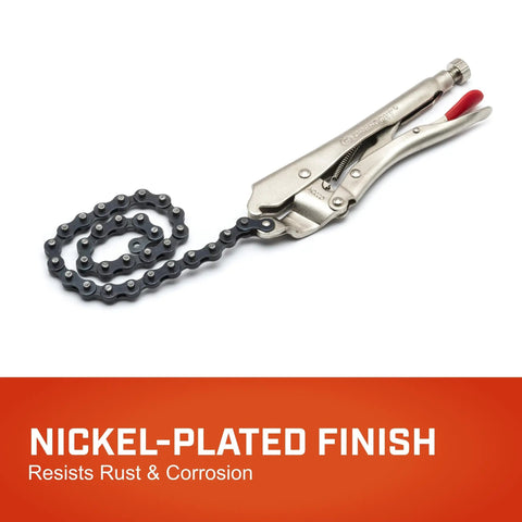 Locking Chain Clamp With 18 Inch Chain, Nickel Plated Metal Clamp For Solid Grip on white background