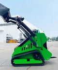 Side view of Compact Mini Skid Steer Loader With Bucket And Mulcher Attachments, Front Loader On Parallel Dual Tracks in green