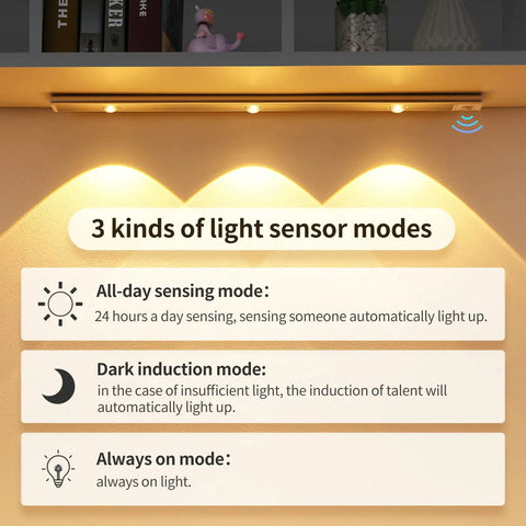 Under Cabinet LED Lights With Motion Sensor USB Rechargeable Closet Light 3 Modes And Stepless Dimming 6500K Night Light display