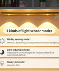 Under Cabinet LED Light With Motion Sensor USB Rechargeable Closet Cabinet Light 3 Light Modes And Stepless Dimming 6500K Daylight Night Light for Kitchen Pantry And Hallway 23.6 Inch No Fuss Easy Install demonstrating 3 light sensor modes.