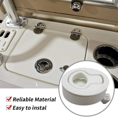Four Piece Set Of Two Inch White Abs Plastic Flush Pull Slam Latches Built To Handle The Elements On Marine Boats And Live Fish Tanks With A Dead Simple Install And Super Solid Lock on a boat hatch.