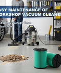 2 Pack VF6000 HEPA Replacement Filter For 5 To 20 Gallon Wet Dry Vacuums in garage with dust and debris nearby.