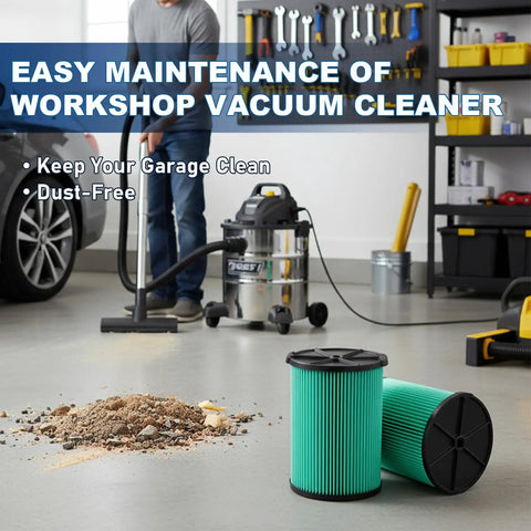 2 Pack VF6000 HEPA Replacement Filter For 5 To 20 Gallon Wet Dry Vacuums in garage with dust and debris nearby.