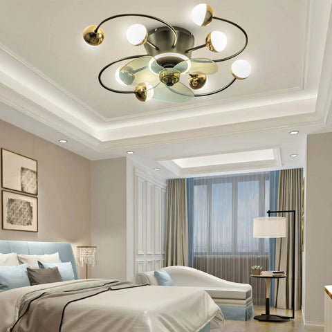 Modern 27 Inch Ceiling Fan With Light in a bedroom, showcasing sleek design, remote control, dimmable LED, 3 color temperatures