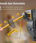 Close-up of 45 Foot Retractable 12 Gauge Extension Cord Reel with 3 Conductor SJTOW Heavy Duty Power Cable showing lighted triple tap