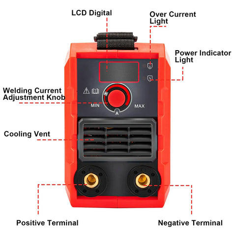 Front view of 110V Mini Arc Welder 200A MMA Welding Machine with IGBT Digital LCD Display showcasing control panel and terminals.