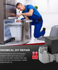 Technician installing Refrigerator Start Device Relay And Run Capacitor Kit For Whirlpool Kenmore Models next to fridge