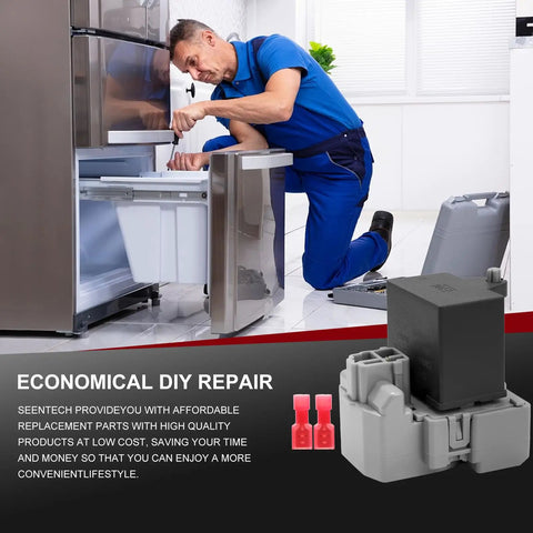 Technician installing Refrigerator Start Device Relay And Run Capacitor Kit For Whirlpool Kenmore Models next to fridge