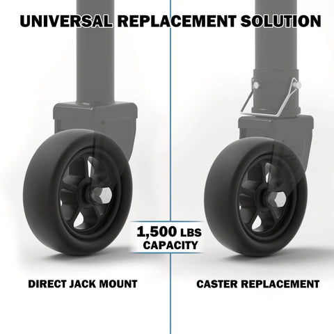 Beefed Up 1500 Pound 6 Inch Boat Trailer Jack Wheel Replacement with heavy duty spoked wheel, shown as direct jack mount and caster