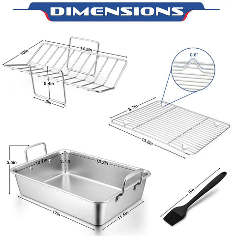 Stainless Steel Roasting Pan With Rack Set Large 15.2 Inch Lasagna Pan Includes V Shaped Rack And Basting Brush Heavy Duty Dishwasher Safe Perfect For Turkey Chicken Veggies And Other Dishes dimensions