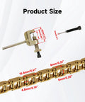 Product size diagram for 134 Link Drive Chain For 2 Stroke Dirt Bikes And Pocket Rockets with chain breaker and measurements.