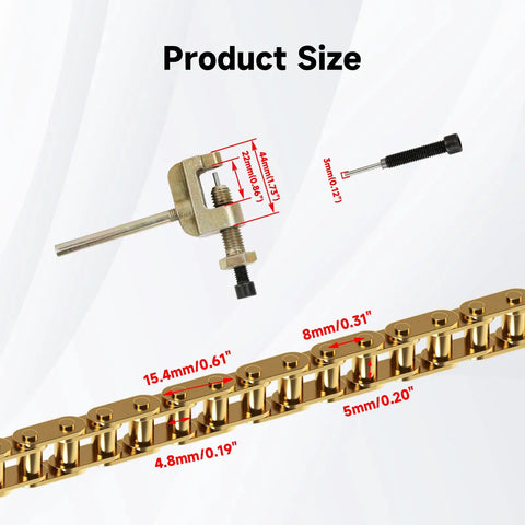 Product size diagram for 134 Link Drive Chain For 2 Stroke Dirt Bikes And Pocket Rockets with chain breaker and measurements.