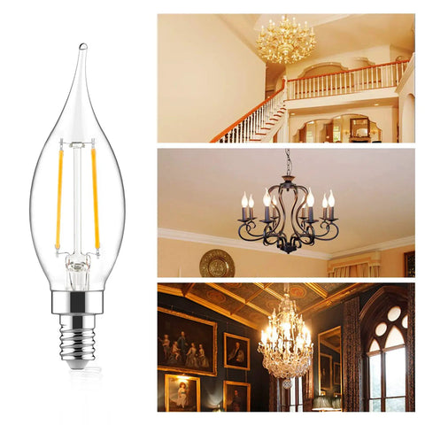Dimmable E12 LED Candles Bulbs 40W Equivalent CA10 Flame Tip Warm White 2700K for chandeliers, shown in luxury interiors