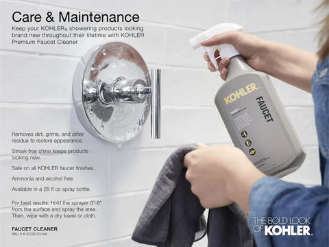 Person cleaning faucet with Kohler cleaner next to Rite Temp Bath And Shower Trim Set With Single Handle Pressure Balance And Antiscald Tech