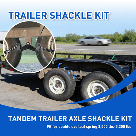 Trailer Axle Equalizer Shackle Kit for Double Eye Springs 3500 to 5200 lbs axles shown on tandem trailer.