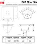 Technical drawing of Oatey PVC floor sink, showing dimensions and 3 inch socket configuration. Floor Mounted Utility Sink With 3 Inch Socket White Small Workhorse Sink For Garage Or Laundry Room And Workshop Built To Last Durable Basin For Residential And Commercial Use Everyday Pro Grade Performance.
