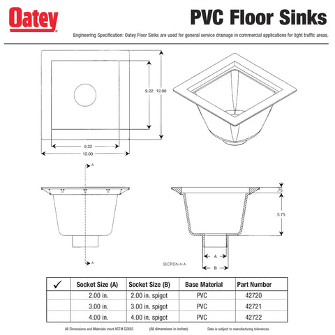 Technical drawing of Oatey PVC floor sink, showing dimensions and 3 inch socket configuration. Floor Mounted Utility Sink With 3 Inch Socket White Small Workhorse Sink For Garage Or Laundry Room And Workshop Built To Last Durable Basin For Residential And Commercial Use Everyday Pro Grade Performance.