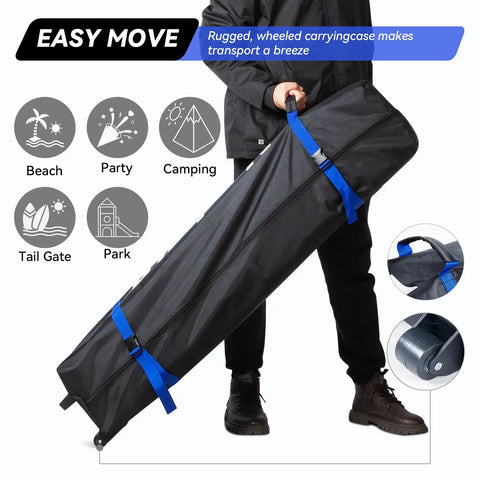 Person holding wheeled carrying case for 10 By 10 Pop Up Canopy Tent With Sand Weight Bag Freestanding Sun Shelter For Picnic And Camping