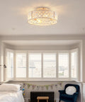 20" Flush Mount Caged Ceiling Fan with Remote, Retro White Floral Iron Low Profile Fan Light Fixture in a bright bedroom.