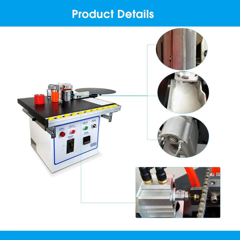 Beefed Up 1200W Automatic Edge Banding Machine For Woodworking Desktop Edgebander with detailed views of controls and components.
