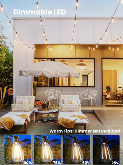 Outdoor String Lights 100 Ft Patio Lighting With 52 LED Edison Bulbs illuminating modern patio at night