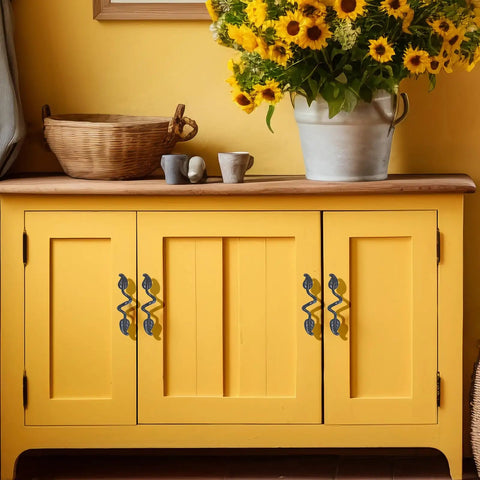 Yellow cabinet with Six Pack Bronze Leaf Shape Drawer Pulls With Three Inch Center For Vintage Style Cabinets Retro Vibe 4.72 Inch Length