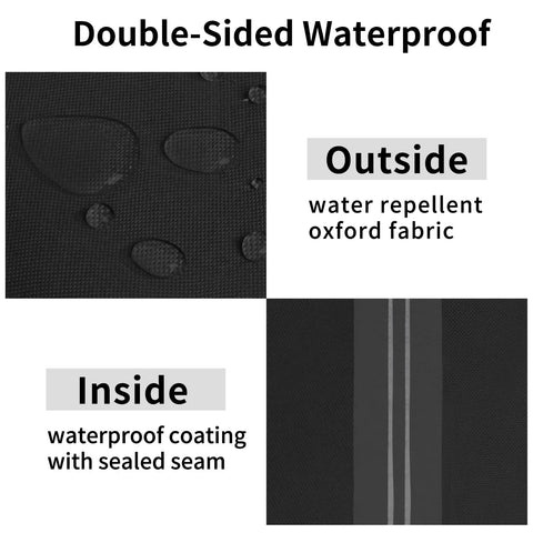 Heavy Duty Stackable Patio Chair Cover UV Resistant Waterproof Outdoor Furniture Protector detail of double-sided waterproof fabric showing outside Oxford fabric and inside coating with sealed seams